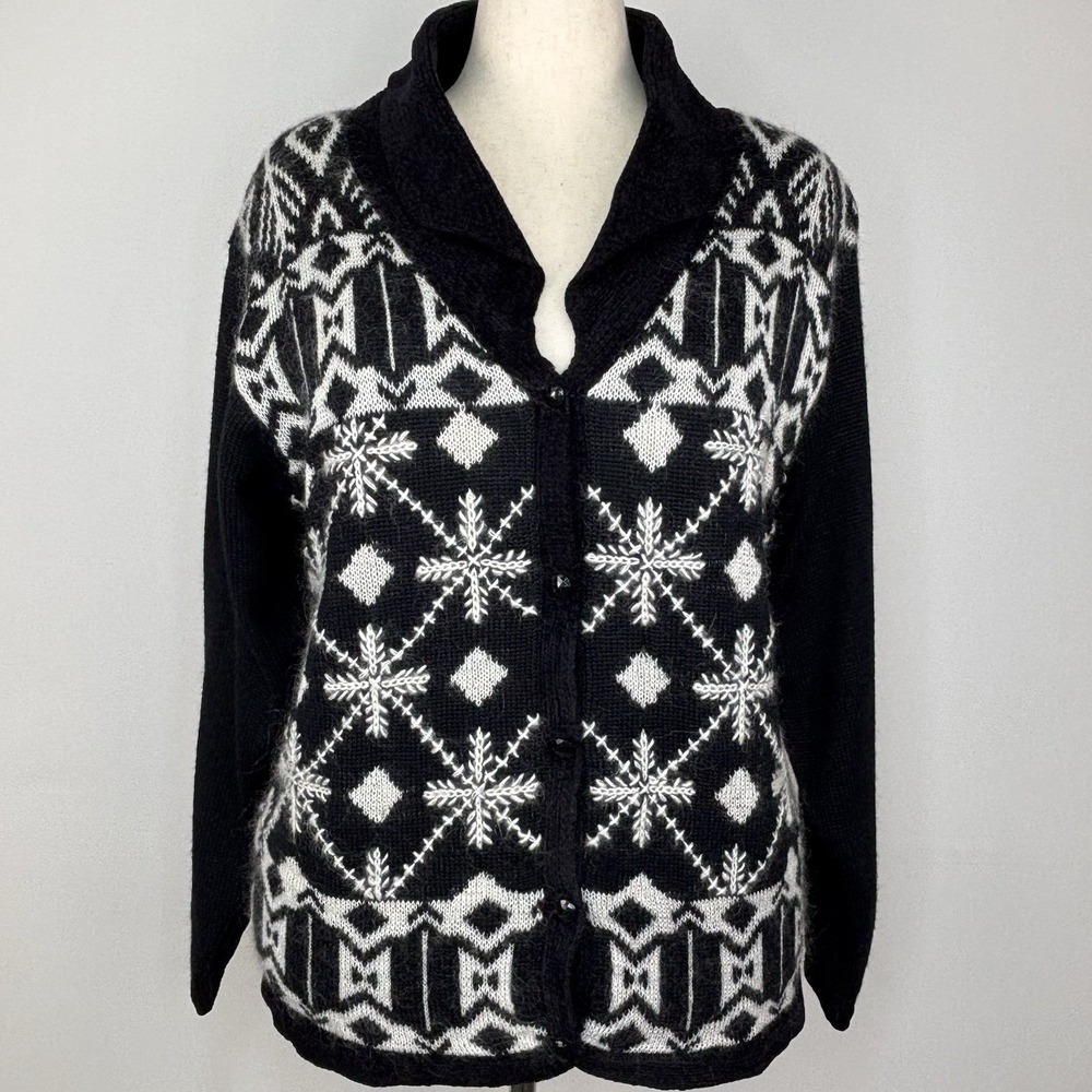 Koret Cardigan XL Black White Knit Nordic Fair Isle Snowflake Shawl Neck Sweater